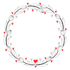 Vector round frame, wreath from outline tulips and hearts. Spring flowers. Hand drawn doodle isolated. Background, border, decoration for greeting card, invitation, Valentine's, Women's or Mother day