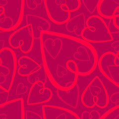Fototapeta na wymiar Seamless pattern with simple red hearts on a pink background. Valentine's Day. Festive background.
