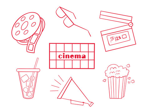 Cinema icons set vector. Movie time line art. Collection design elements for movie theater. Composition with clapperboard, megaphone, popcorn, soda drink, 3d glasses and filmstrip. 