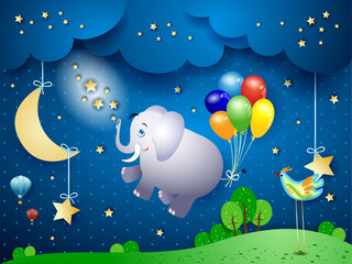 Cute flying elephant and balloons on night landscape, vector illustration eps10