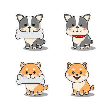 Set of cute french bulldog and shiba inu standing and holding a bone in mouth. Kawaii clip art cartoon vector