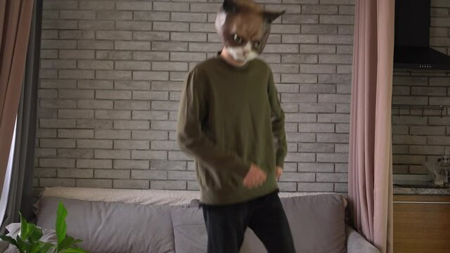A male freak in a cat mask dances a stupid dance at home in the living room