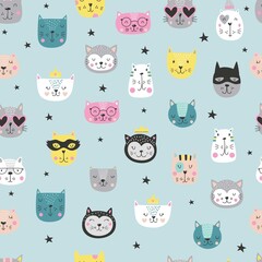 Cartoon cute cat faces pattern in Scandinavian style. Creative vector childish background for fabric, textile