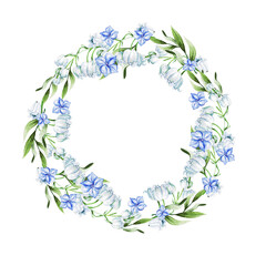 Blue  flowers and lily of the valley in wreath for wedding. Decorative element for greeting card. Illustration