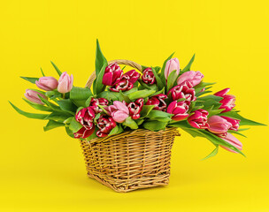 Basket with colorful bouquets of tulips on yellow