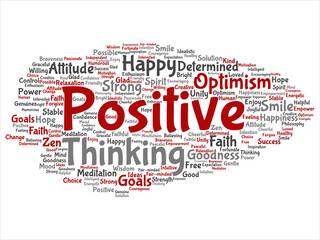 Vector concept, conceptual positive thinking, happy strong attitude abstract word cloud isolated on background. Collage of optimism smile, faith, courageous goals, goodness, happiness inspiration text