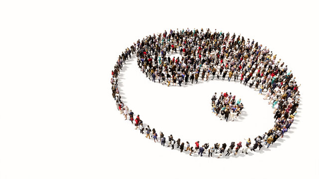 Concept or conceptual large gathering of people forming the image of the chinese symbol of Yin-Yang as opposing and complementary forces. A 3d illustration metaphor for taoism, meditation and balance