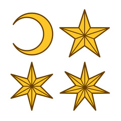 Obraz premium Vector flat style illustration set of crescent moon and three golden stars isolated on white background