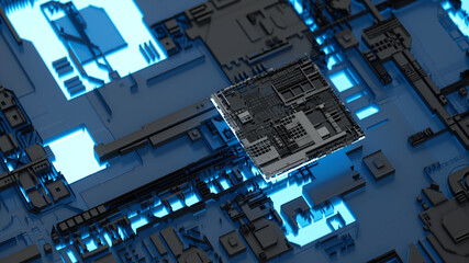 Close up Inside Micro CPU on circuit board with blue lighting. 3D illustration