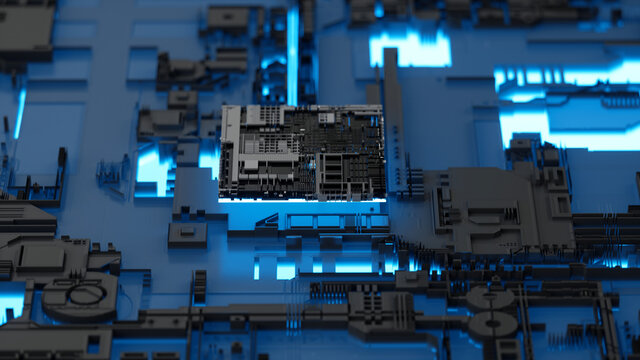 Close up Inside Micro CPU on circuit board with blue lighting. 3D illustration