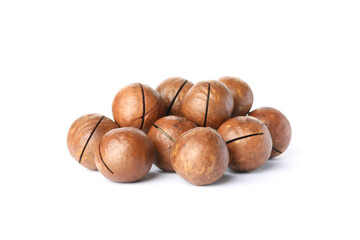 Tasty macadamia nuts isolated on white background