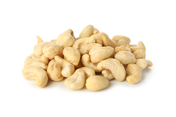 Heap of tasty cashew nuts isolated on white background