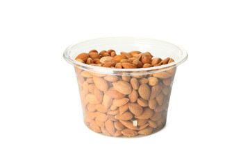 Plastic container with almond nuts isolated on white background