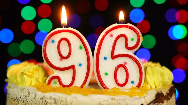 Number 96 Happy Birthday Cake With Burning Candles Topper.