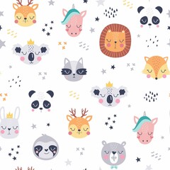 Cartoon cute animal faces. Cute animals vector pattern. Creative texture in Scandinavian style. Great for fabric, textile Vector Illustration
