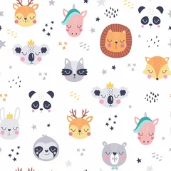 Tapeten Cartoon cute animal faces. Cute animals vector pattern. Creative texture in Scandinavian style. Great for fabric, textile Vector Illustration  © Angelina De Sol