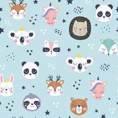 Cartoon cute animal faces. Cute animals vector pattern. Creative texture in Scandinavian style. Great for fabric, textile Vector Illustration
