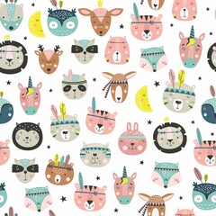 Cartoon cute animal tribal faces. Boho cute animals vector pattern.
Creative texture in Scandinavian style. Great for fabric, textile Vector Illustration
