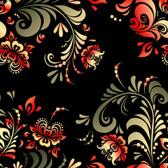 Fantastic ethnic ornament with golden and red flowers and leaves in Petrykivka decorative painting style on black background. Russian Khokhloma ornament. Seamless Pattern