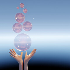 pair of hands releasing transparent  bubbles to the air
