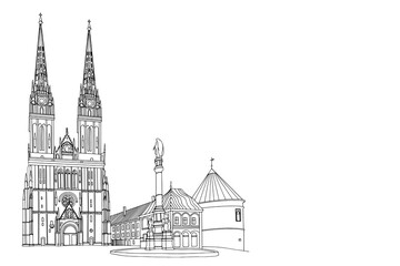 Naklejka premium Vector sketch of Cathedral in Zagreb, Croatia