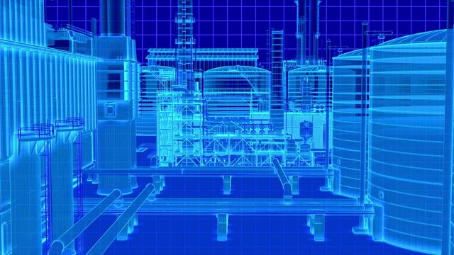 High camera view moving forward to blue neon light wireframe on building oil refinery  futuristic digital cyberpunk style ,3D rendering footage.