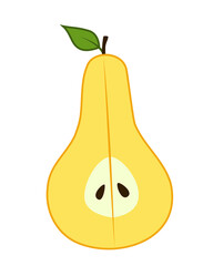 Cut yellow pear. With stalk and leaf. Colored isolated object with outline on a white background. Cartoon.