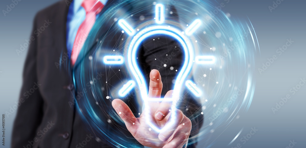 Poster man using lightbulb neon digital interface 3d rendering