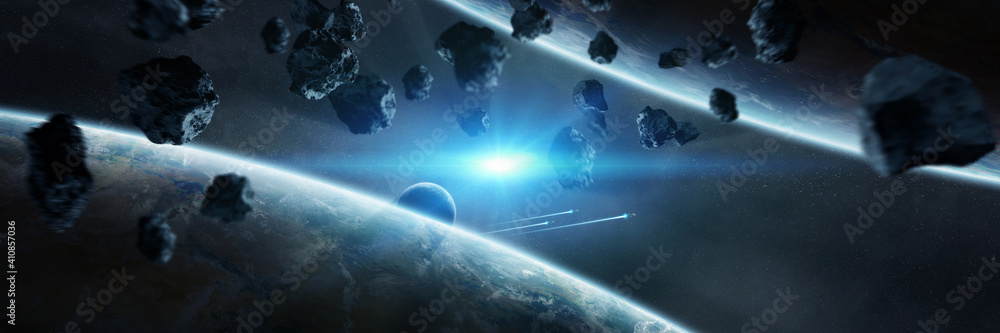 Poster panoramic space planets background. panorama of distant solar system with exoplanets 3d rendering el