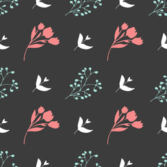 A pattern of red tulip green twigs and white on a black background