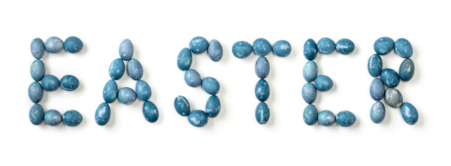 Easter written with aquamarine eggs on white background