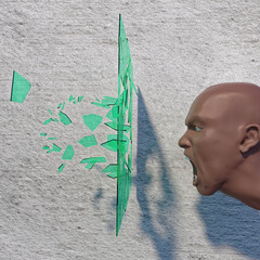 head shouting at shattered glass