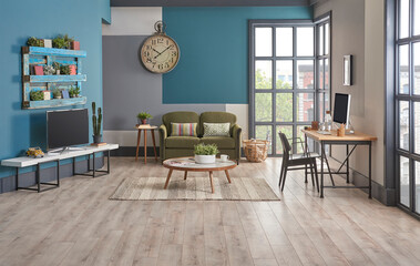 Modern television room, blue background, bookshelf on the wall, furniture green and grey sofa, carpet and middle table decoration, interior style.