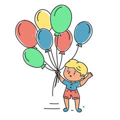 Happy little boy holding balloons vector isolated. Doodle illustration of a happy child playing with colorful balloons. Cute boy .
