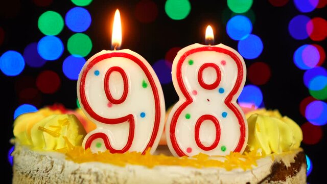 Number 98 Happy Birthday Cake With Burning Candles Topper.
