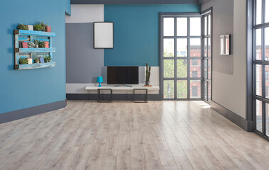 Fototapeta premium Modern television room, blue background, bookshelf on the wall, furniture green and grey sofa, carpet and middle table decoration, interior style.