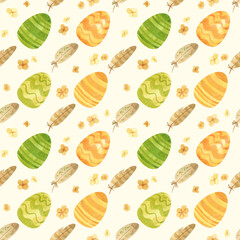 Seamless pattern with Easter eggs, butterflies and spring flowers in a green-orange palette. Rustic style. Watercolor clipart for eco farm products.