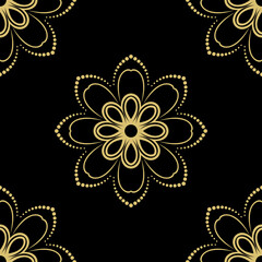 Floral vector black and golden ornament. Seamless abstract classic background with goildn flowers. Pattern with repeating floral elements. Ornament for fabric, wallpaper and packaging