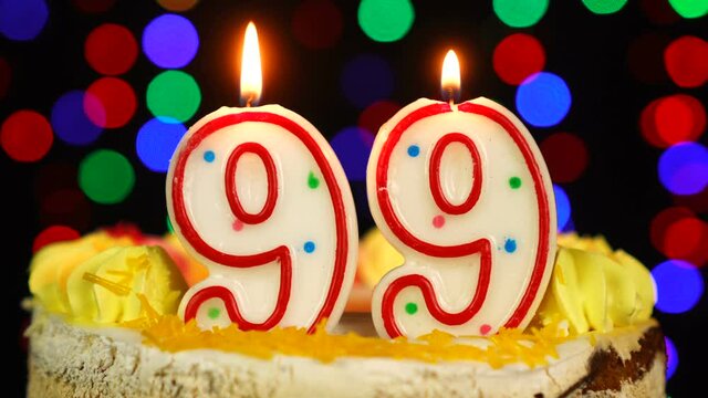 Number 99 Happy Birthday Cake With Burning Candles Topper.
