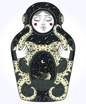 The drawing is done in stylization of a nesting doll. The matrioshka doll in a diving-dress has octopus on her body.Octopus is holding a sinking ship in his tentacles. Boho, tattoo art, poster design.