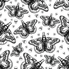 Hand draw seamless pattern of death's head hawk moth and skull. Can be used for fabric design,paper,textile,background. Religion philosophy, spirituality, occultism,chemistry, science, magic.
