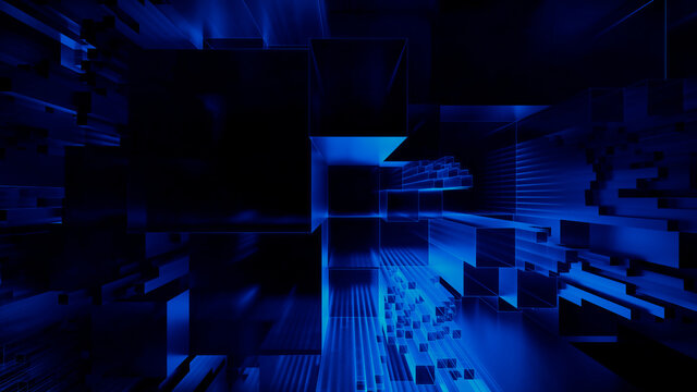 Futuristic, Blue 3D Block background. Vibrant colored Tech Wallpaper. 3D Render 