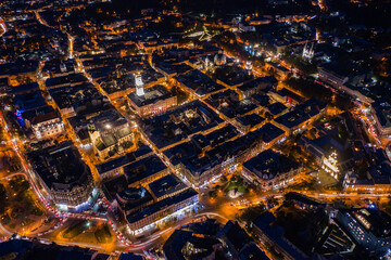 Aerial view on Lviv, Ukraine at night from drone