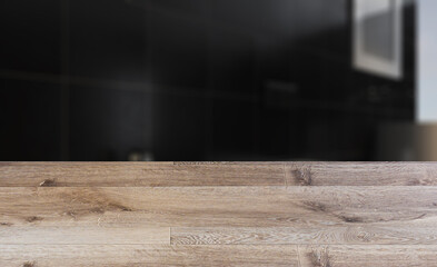 Freestanding bath with towels in grey modern bathroom. 3D rendering.. Abstract blur phototography. wooden table on blurred background.