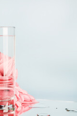 pink flowers distorted through water in glass with mirror on blue background. pure water , relax , surreal ,eco-friendly home concept. copy space. 