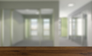 Fototapeta premium Background with empty table. Flooring. Empty modern office Cabinet. Meeting room. 3D rendering.