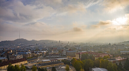 Aerial view on Lviv from drone