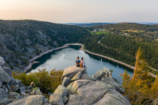 Aerial view of the beautiful little lake Blanc in Haut-Rhin region, France.