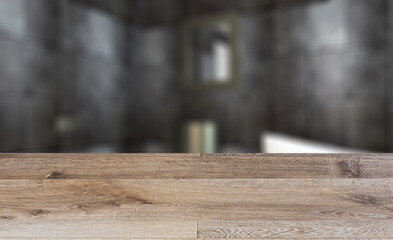 Background with empty wooden table. Flooring. Clean and fresh bathroom with natural light. 3D rendering.