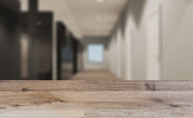 Background with empty wooden table. Flooring. Modern office building interior. 3D rendering.. Modern office bu